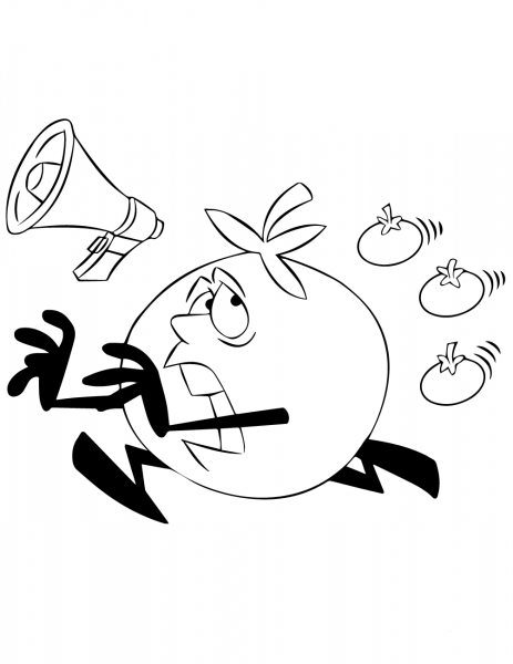 Cartoon Tomato Character Running from Tomatoes coloring page image