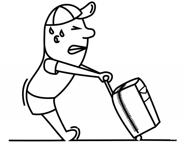 Cartoon Traveller Dragging Suitcase coloring page image