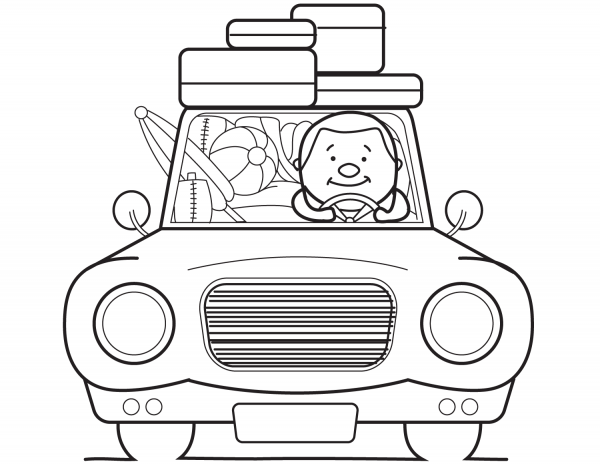 Cartoon Traveller Driving Car coloring page image