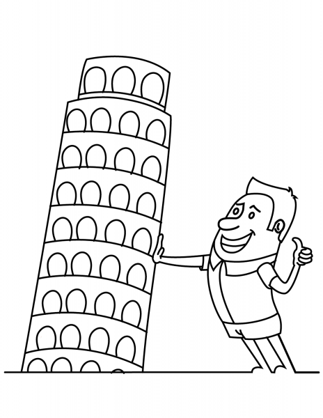 Cartoon Traveller Holding the Leaning Tower of Pisa coloring page image
