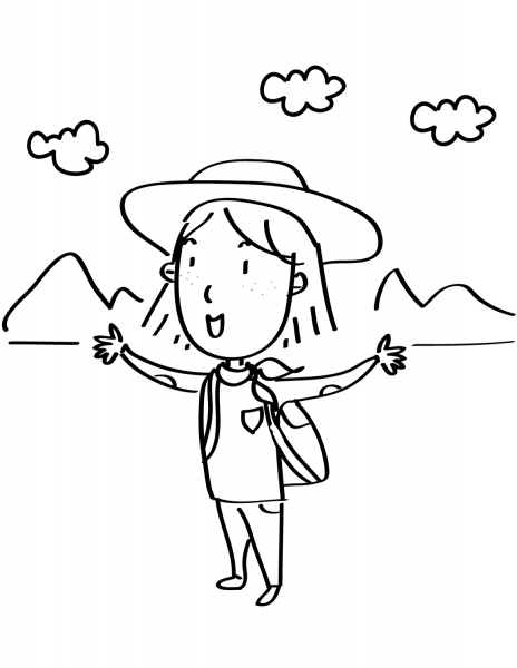 Cartoon Traveller in the Mountains coloring page image
