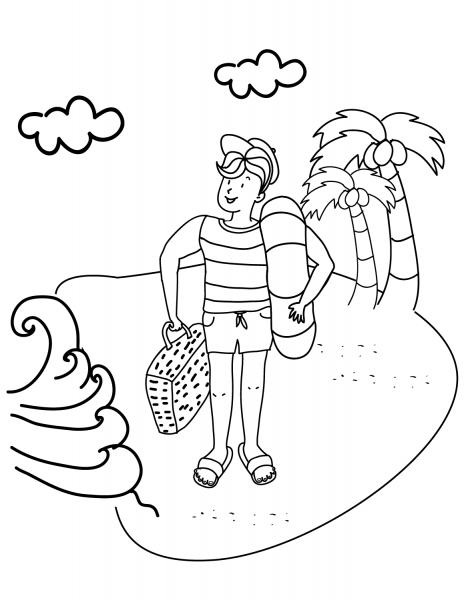 Cartoon Traveller on a Beach coloring page image