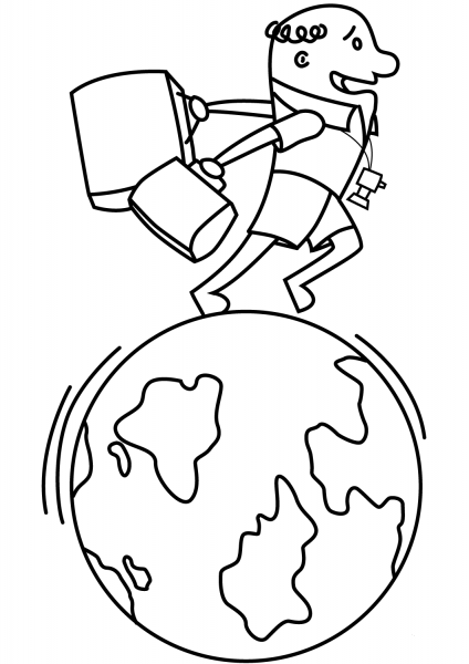 Cartoon Traveller Running All over the Earth coloring page image