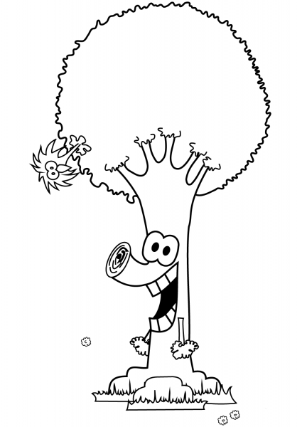 Cartoon Tree with Bird coloring page image