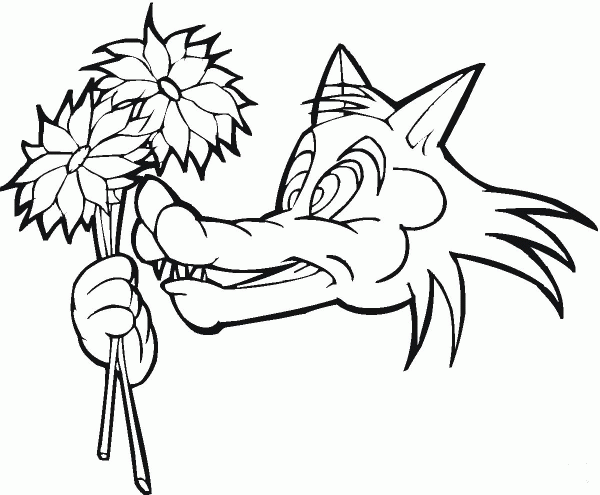 Cartoon wolf with flowers coloring page image
