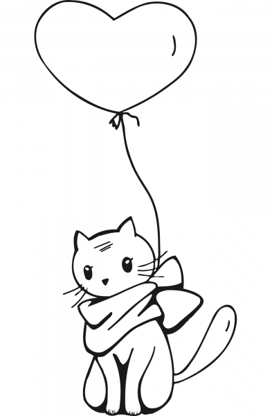 Cat and Balloon Line Drawing coloring page image