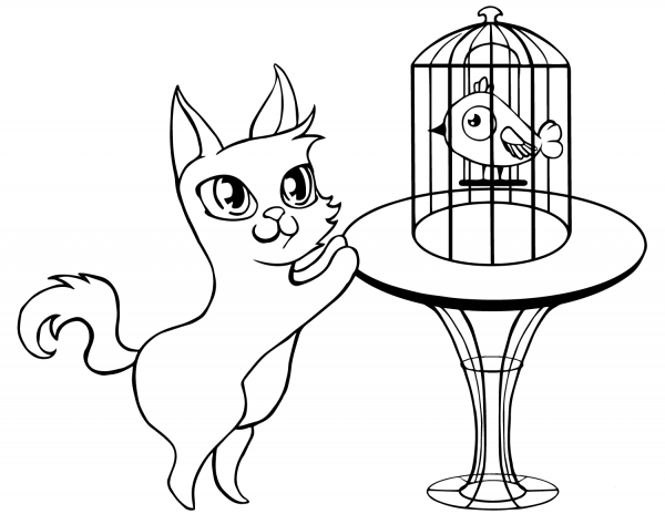 Cat and Bird in Cage coloring page image
