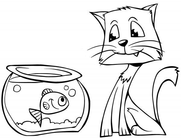 Cat and Fishbowl coloring page image