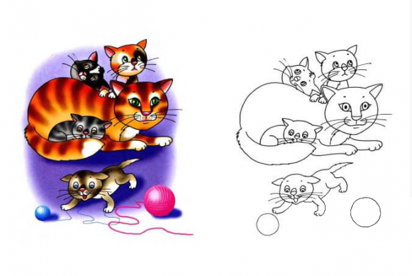 Cat And Kittens coloring page image