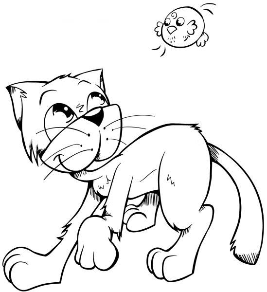 Cat and Little Bird coloring page image