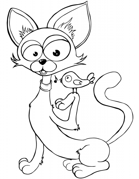 Cat and Singing Bird coloring page image