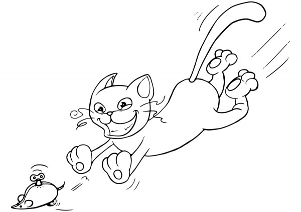 Cat Chasing the Mechanical Mouse coloring page image