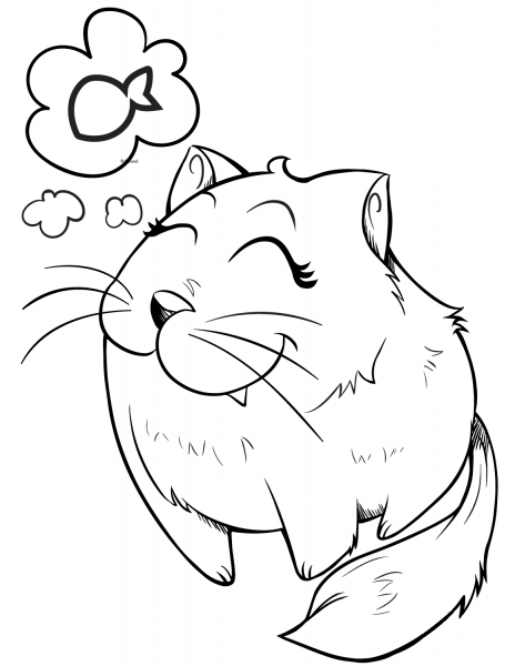 Cat Dreaming of Fish coloring page image