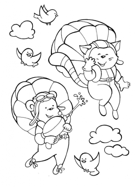 Cat Girl and Bear Boy are Flying in the Sky by Parachuting coloring page image