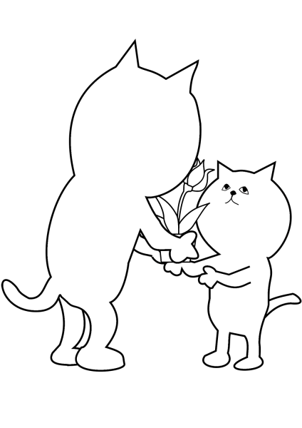 Cat Giving Flower to Other Cat coloring page image