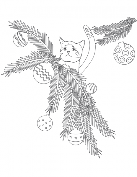 Cat in Christmas Tree Branches coloring page image