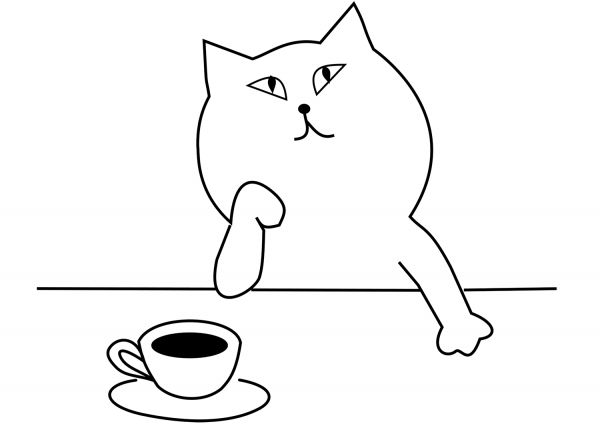 Cat is drinking a tea and thinking about… coloring page image
