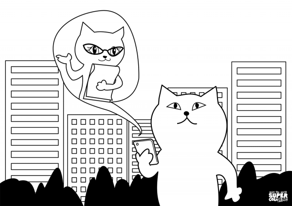 Cat is Talking on Smartphone coloring page image