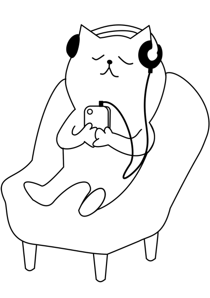 Cat Listening to Music coloring page image