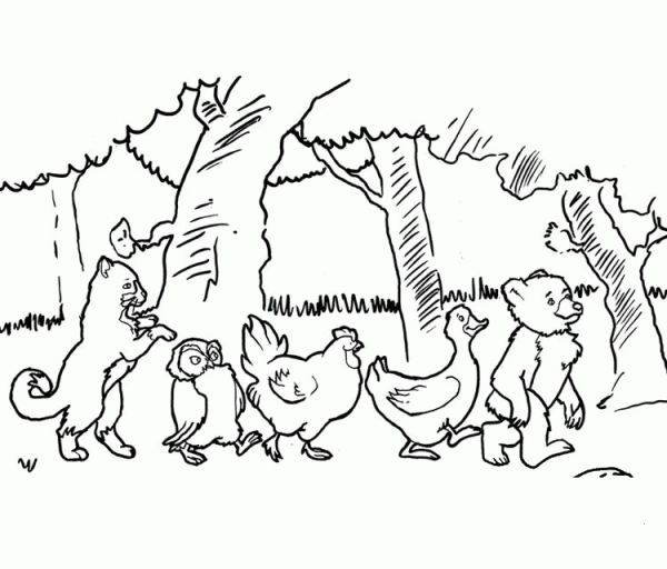 Cat, Owl, Chicken, Bear and Goose coloring page image