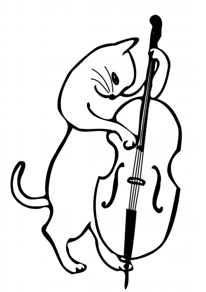 Cat Playing a Double Bass coloring page image