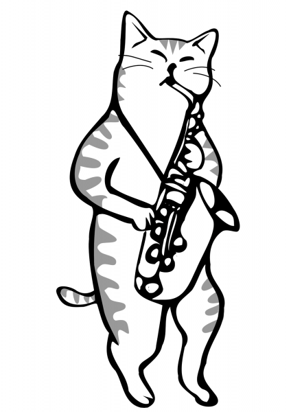 Cat Playing a Saxophone coloring page image