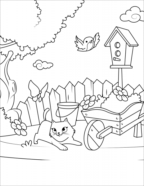 Cat Playing with a Butterfly in the Yard coloring page image