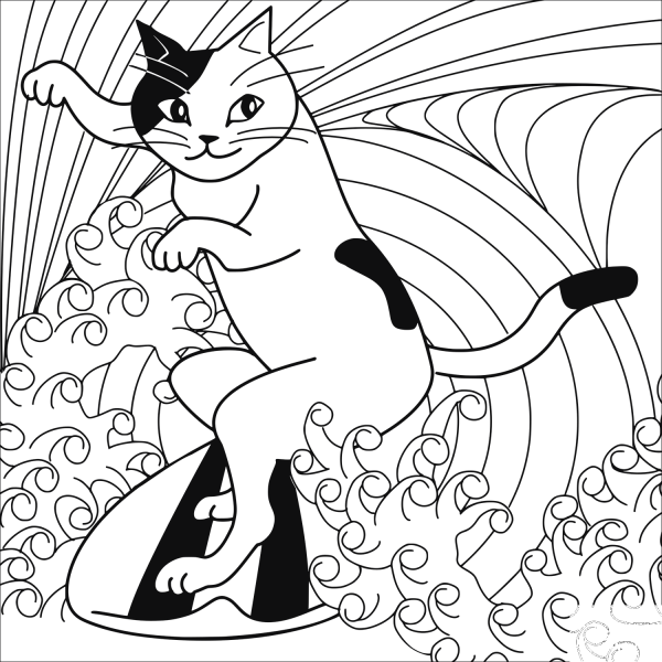 Cat the Surfer coloring page image