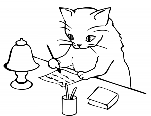 Cat Writing a Letter coloring page image