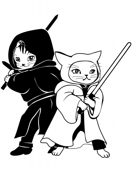 Cats Cosplaying the Jedi coloring page image