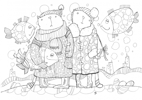 Cats Dress Warmly in Winter coloring page image