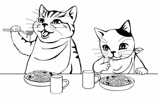 Cats Eating Noodles coloring page image
