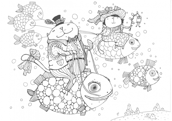 Cats Fly Fish coloring page image
