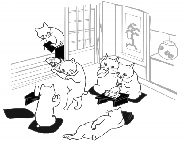 Cats Have a Party in Japanese Style coloring page image