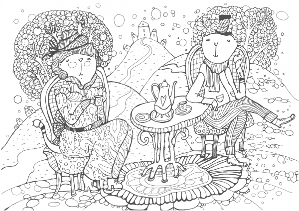 Cats Having a Cup of Tea coloring page image