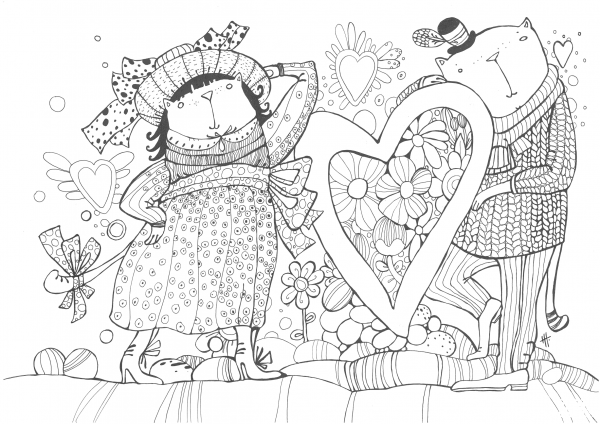 Cats in Love coloring page image