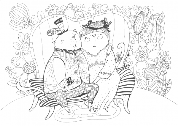 Cats on Their Porcelain Wedding Day coloring page image