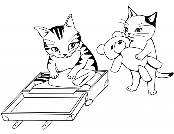 Cats Packing Suitcase for Travel coloring page image