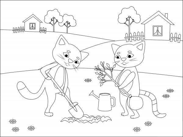 Cats planting a tree coloring page image