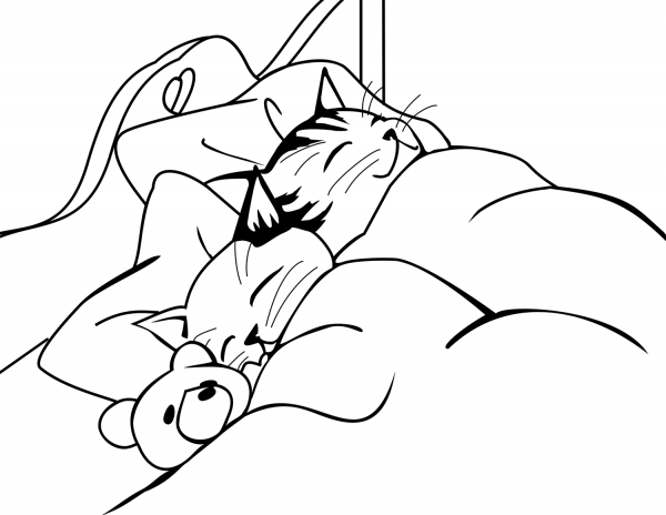 Cats Sleeping in Bed coloring page image