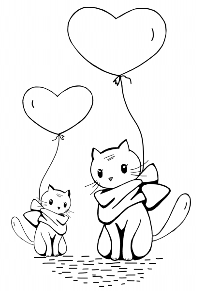 Cats with Heart Balloons coloring page image