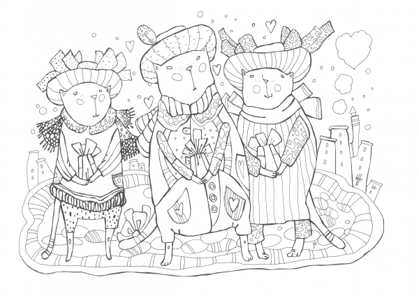 Cats with Presents coloring page image