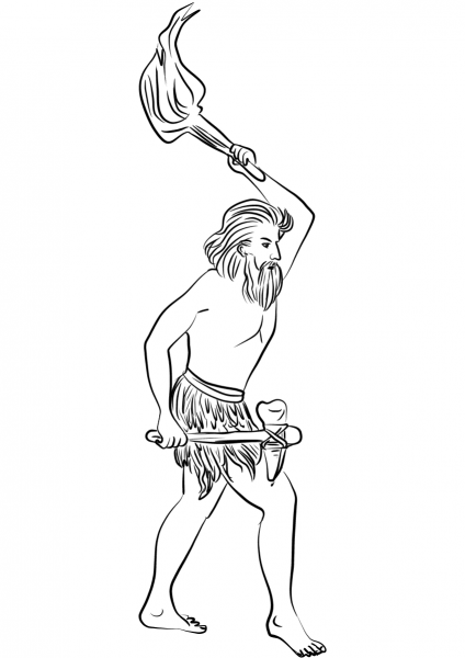 Caveman with Axe and Torch coloring page image