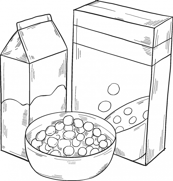 Cereal Boxes and Bowl coloring page image