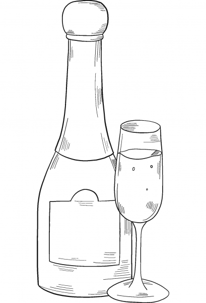 Champagne Bottle and Glass coloring page image