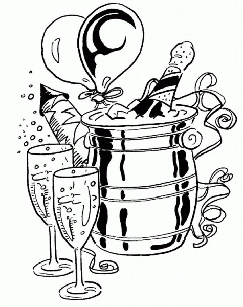 Champagne with glasses and balloons coloring page image