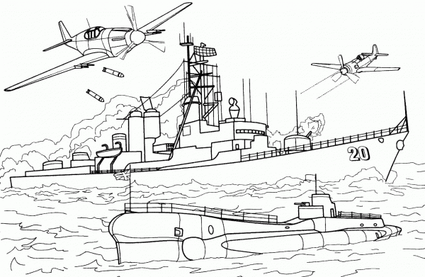 Charles F. Adams-class destroyer is under attack coloring page image