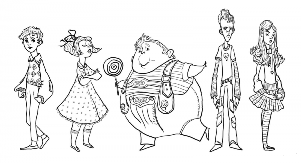 Charlie Bucket, Violet Beauregarde, Augustus Gloop, Mike Teavee and Veruca Salt coloring page image