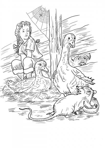 Charlotte, Fern, Gooses, Templeton and Wilbur coloring page image