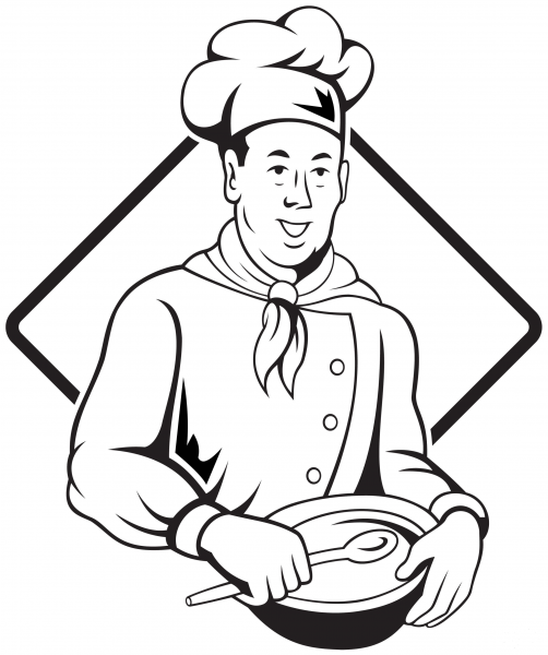 Chef Holding Spoon and Bowl coloring page image